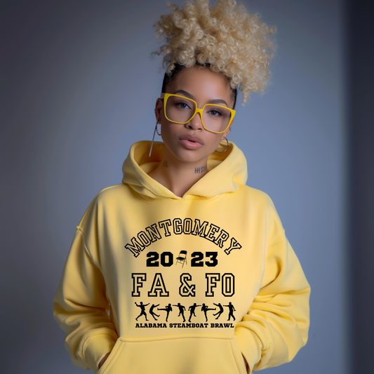 Person wearing a yellow hoodie with text on a gray background