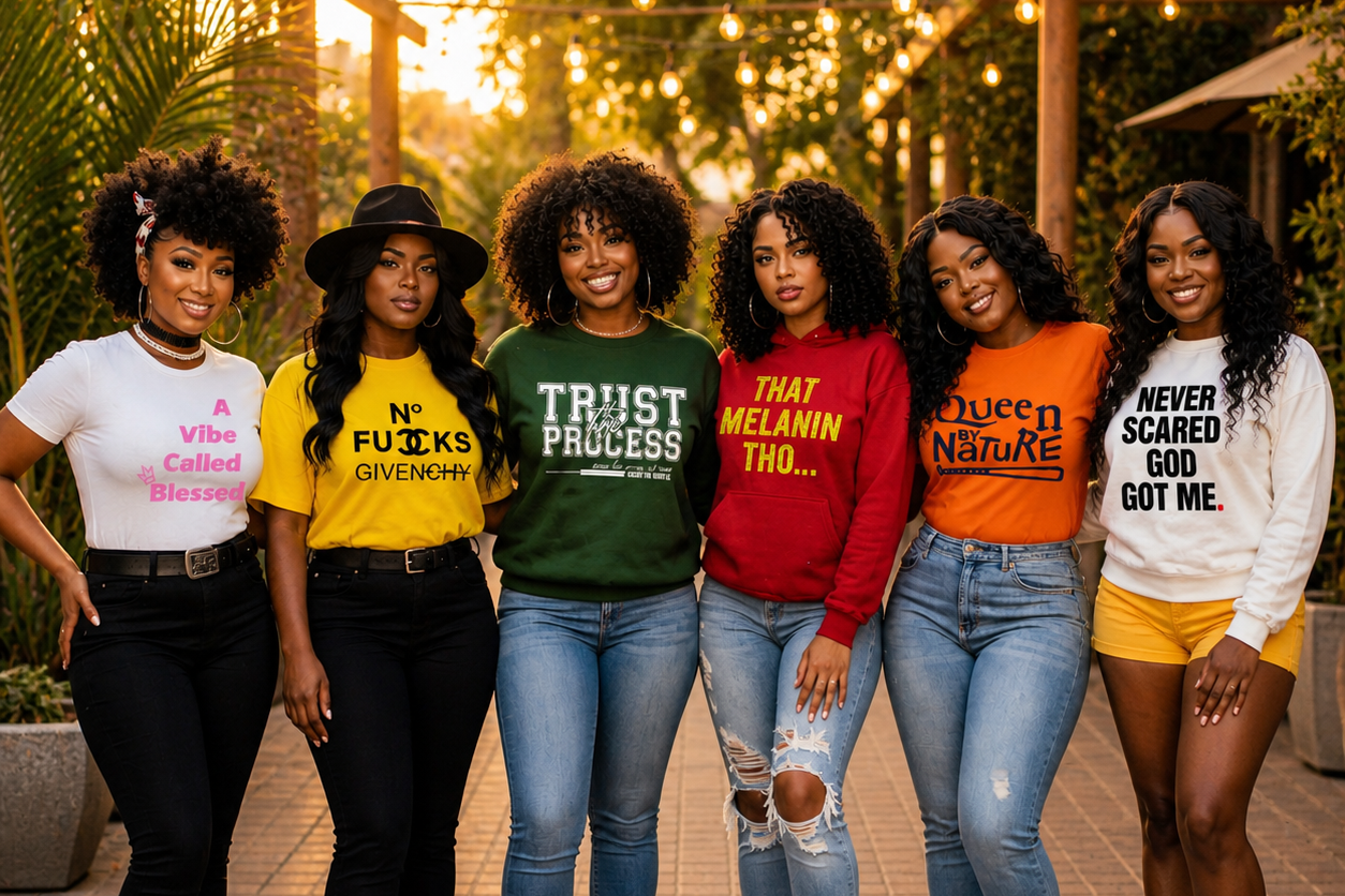 Group of six women standing together wearing colorful shirts with text, outdoors. the melanin muse