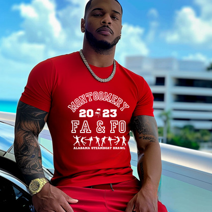 Man wearing a red t-shirt with text and graphics, standing outdoors.